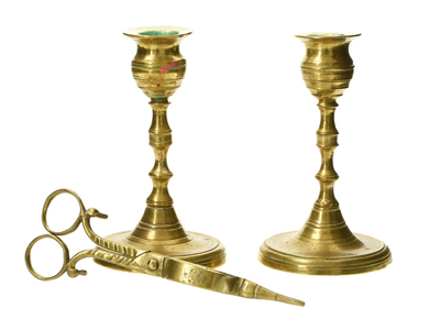 Curio, CANDLESTICKS AND WICK TRIMMER, brass