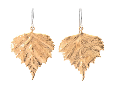 Jewellery, EARRINGS, gold-plated birch leaf