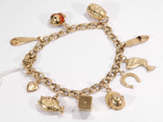 Pawnitems, 1 bracelet Bismarck with 10 charms ( en stone saknas-buckliga ) approx 19cm, 18K. weight 17,39g, in auction: Pawn – Wednesday 26 October 2005