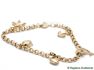 Pawnitems, Bracelet, "loop-in-loop-link" with five charms 18K 19cm 6,5g, in auction: Pawn – Tuesday 1 August 2006