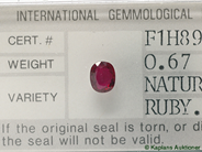Gemstones, RUBIES, 0,67 ct, in auction: Classic – Saturday 27 October 2007