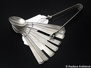 Pawnitems, Spoons, 8st length 12cm 1 Sugar-tong length 11,8cm  in silver modell Rosenholm in case, in auction: Pawn – Tuesday 13 November 2007