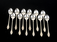 Pawnitems, Spoons, 12 Small coffee-spoons 99 mm engraving in silver 114,5 g, in auction: Pawn – Tuesday 22 November 2011