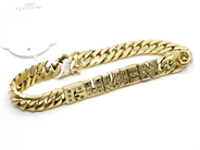Pawnitems, Bracelet, "curb" with bokstäver with white and blue stones defect at clasp 22cm 18K 93,5g, in auction: Pawn – Tuesday 22 November 2011