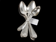 Pawnitems, Silverskedar 7 items Gammal French different size´s various damages engraved 353,3g, in auction: Pawn – Tuesday 31 July 2012