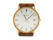 Pawnitems, Men´s wristwatch Eterna 18K quartz date older model scratched crystal with pale brown leather strap, in auction: Pawn – Tuesday 31 July 2012