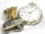 Pawnitems, Pocket watch Recta in silver 45mm manual winding plastic glass damages on dial serienummer 500385 with watch chain unknown metal 27cm, in auction: Pawn – Tuesday 31 July 2012