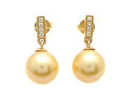 Jewellery - PEARL EARRINGS in 18K gold, 2 cultured Golden South Sea pearls 9,0 mm - View 1