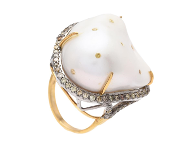 Smycken, RING, 14K guld/silver barock odlad  sötvattenspärla