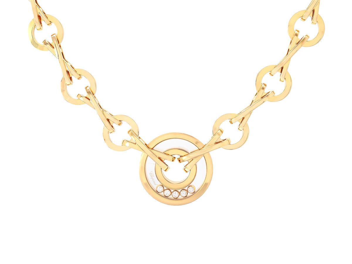 CHOPARD, collier, Happy Diamonds, 18K guld, briljantslipade diamanter ca 0,25 ctv, refnr 81/6462-20, serienr 3126952, längd 37 cm, vikt 69,3 g, en länk kort, små bucklor på hänget och spricka i glaset.