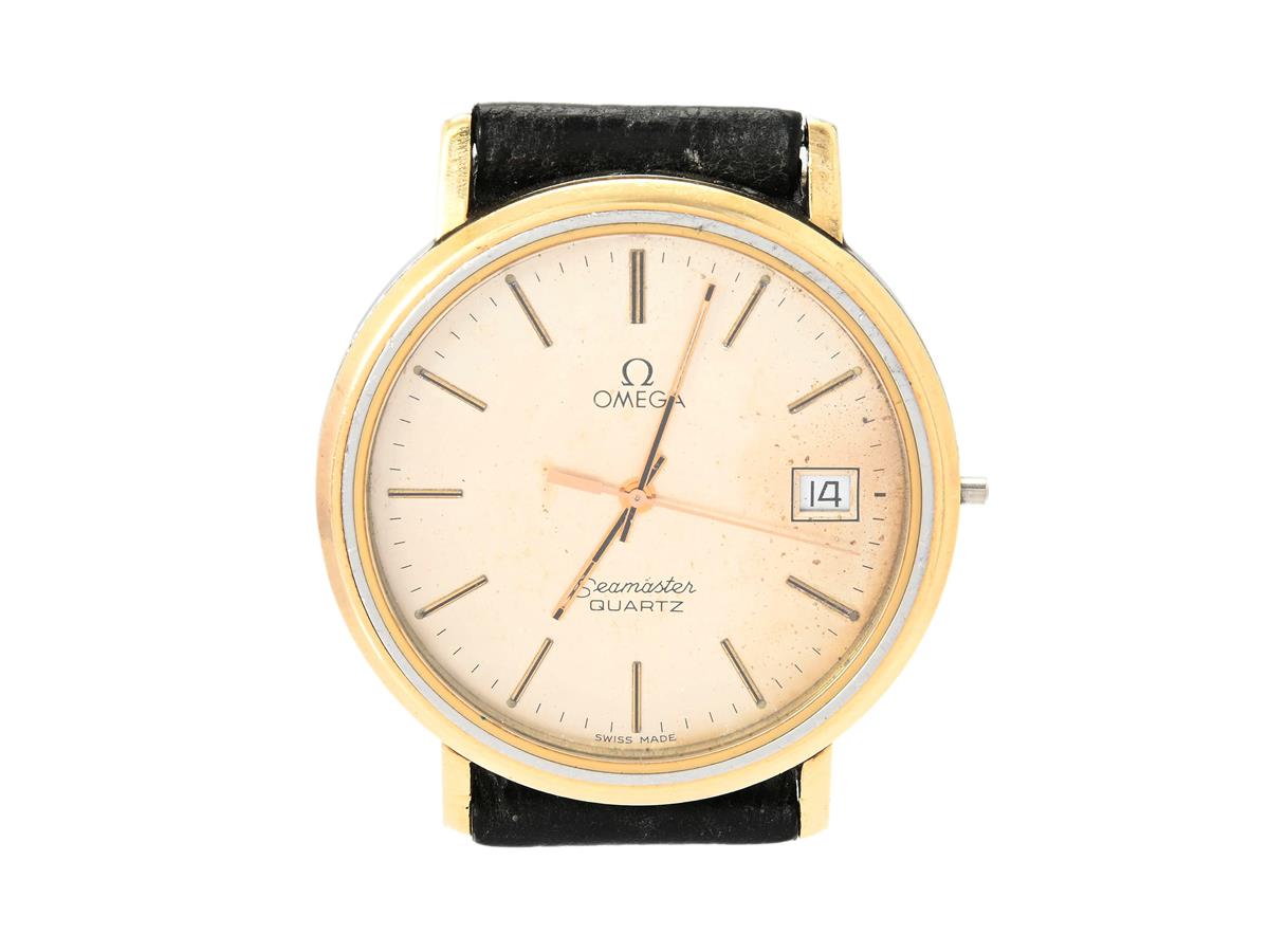 OMEGA, Seamaster, Cal 1432, Serie nr. 47674861, Ref nr. CD 196.0282, Boett nr. 196.0282 (KB), herrur, 35 mm, guld på stål, quartz, safirglas, datum, skadad urtavla, defekt, saknar krona, läderband, ca 1984.