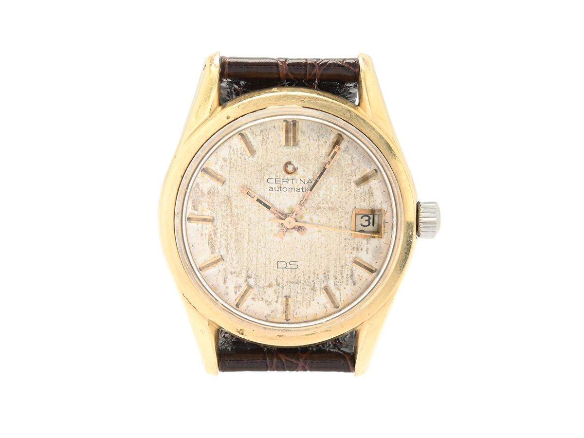 CERTINA, DS, Cal 25-651, Serie nr. 6267456, Boett nr. 5827.112 (HF), herrur, 36 mm, guld på stål, automatisk, plexiglas, datum, skadad urtavla, gravyr, läderband, ca 1965.