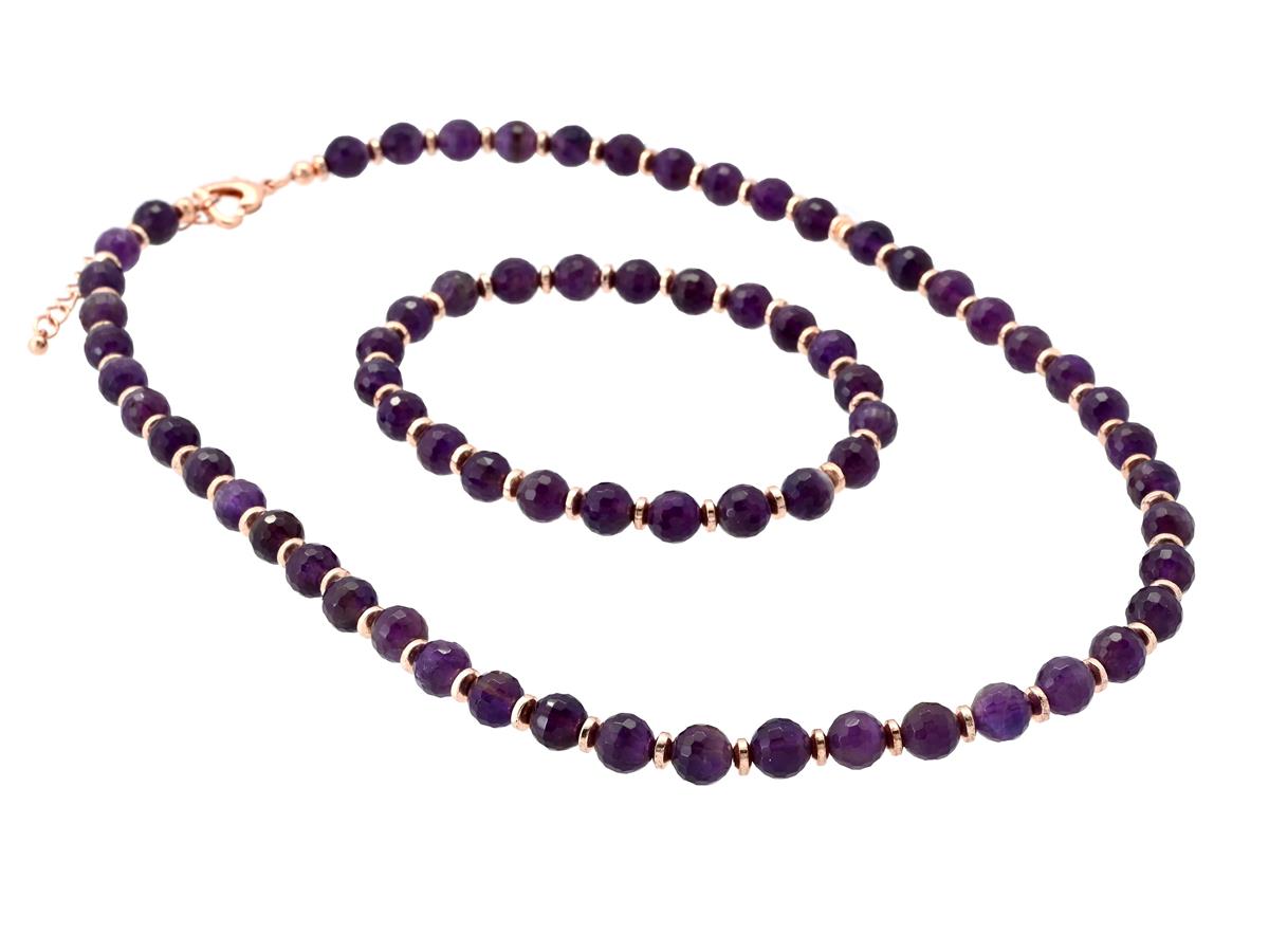 SMYCKESET, collier längd 40-45 cm, armband längd ca 18 cm, ametist, roséfärgade detaljer, längd 45 cm.