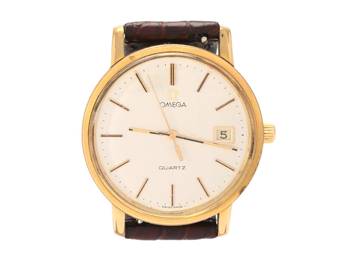 OMEGA, herrur, 34,5 mm, Cal 1342, Serie nr. 43549393, Ref nr. MD 196.0160, Boett nr. 196.0160, doublé (20 micron, delvis bortnött), quartz, plexiglas (repor), datum, defekt (går ej), ca 1979.
