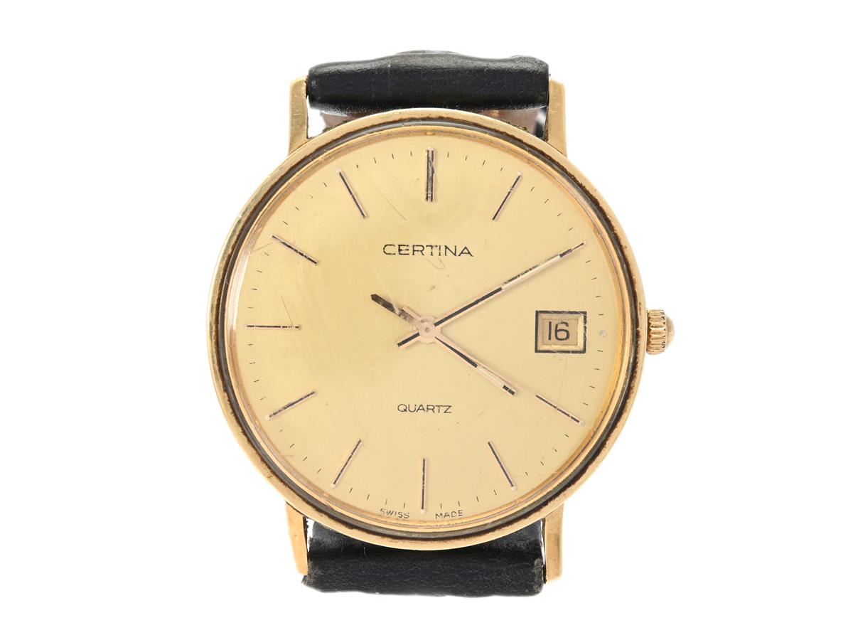 CERTINA, herrur, 33,5 mm, Boett nr. 115.1199.49, doublé, quartz (går ej), plexiglas (skadat), datum, läderband, ca 1980.