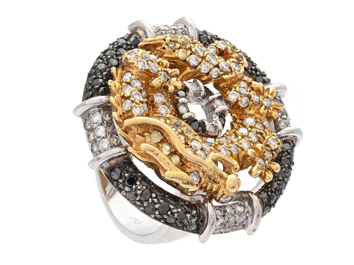 RING, 18K vitguld/guld, briljantslipade diamanter ca 0,93 ctv, ca TW-Cr/VS-P, svarta diamanter, gula safirer, stl 18 mm, vikt 18,2 g, diamanter med nagg.