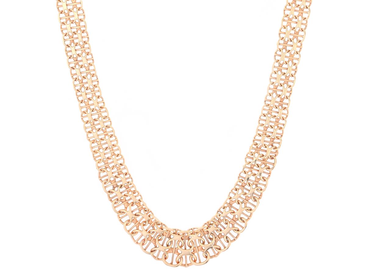 COLLIER, 18K guld, doserad bismarcklänk ca 8-13 mm, längd 43 cm, vikt 27,4 g.