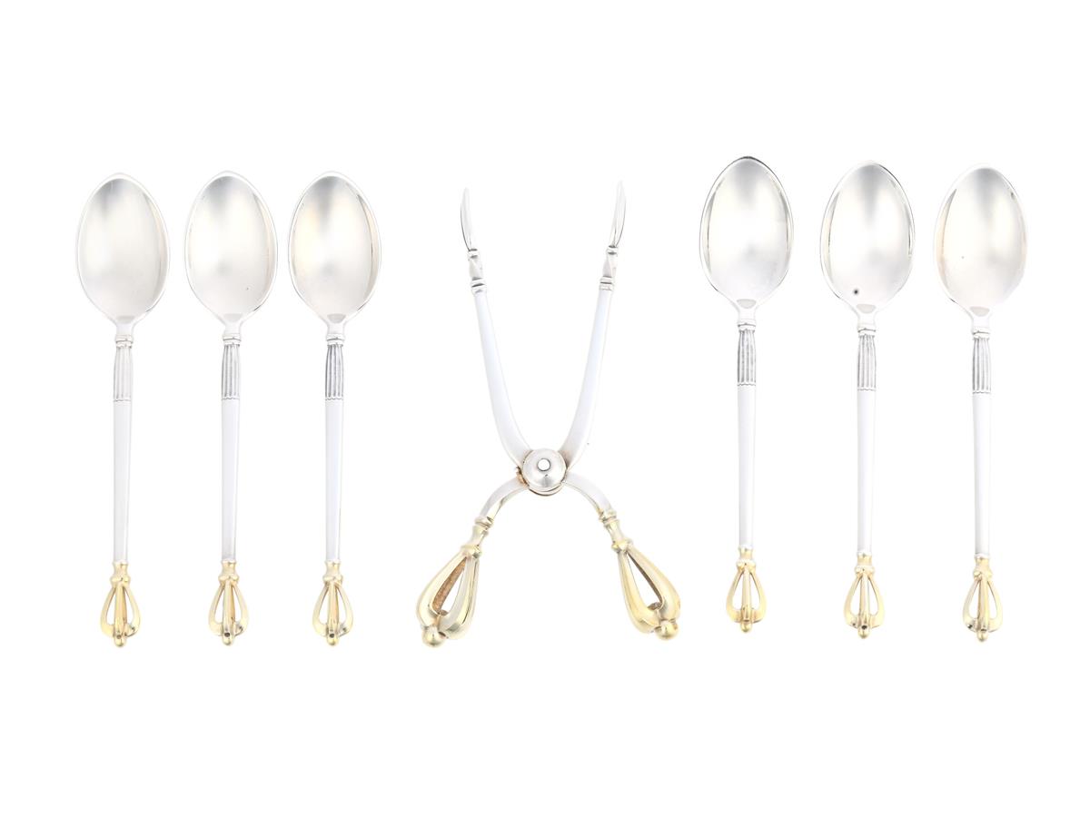 GOLDEN CROWN, sockertång och 6 kaffeskedar, sterlingsilver, delvis förgylld, W&S Sørensen, Danmark, längd 104 mm, vikt 95,0 g, originaletui.
