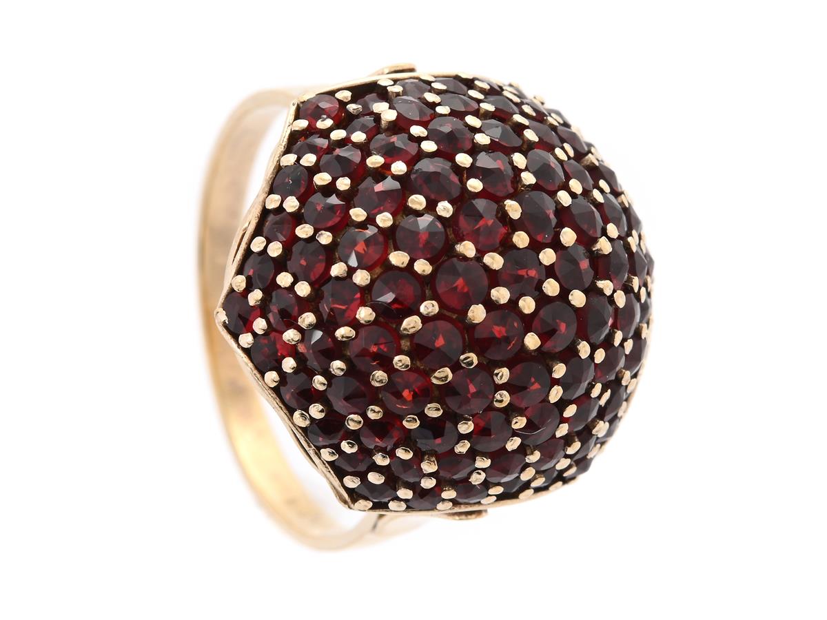 RING, förgyllt sterlingsilver, granater, Victor Janson, stl 18 mm, vikt 6,2 g, slitna fattningar.