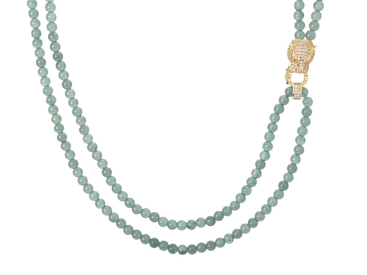 COLLIER, Fei Cui kulor 4,80-4,87 mm, A-Jade, LIU report 995790, lås i metall med cubic zirconia, längd 57 cm, vikt 47,7 g.
