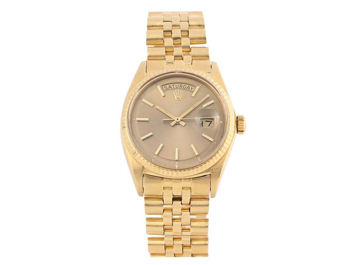 ROLEX, Oyster Perpetual, Day-Date (T Swiss T), Chronometer, Ref nr. 1803, Serie nr. 2750536, Cal 1556, Verk nr. DD875408, Boett nr. 1803, herrur, 36 mm, 18K guld, automatisk, plexiglas, dag, datum, servicebehov, Jubileelänk, Ref nr. 4.70/53, totalvikt 117,9 gram, Chronometercert, ca 1970, box (skadad/ej komplett).