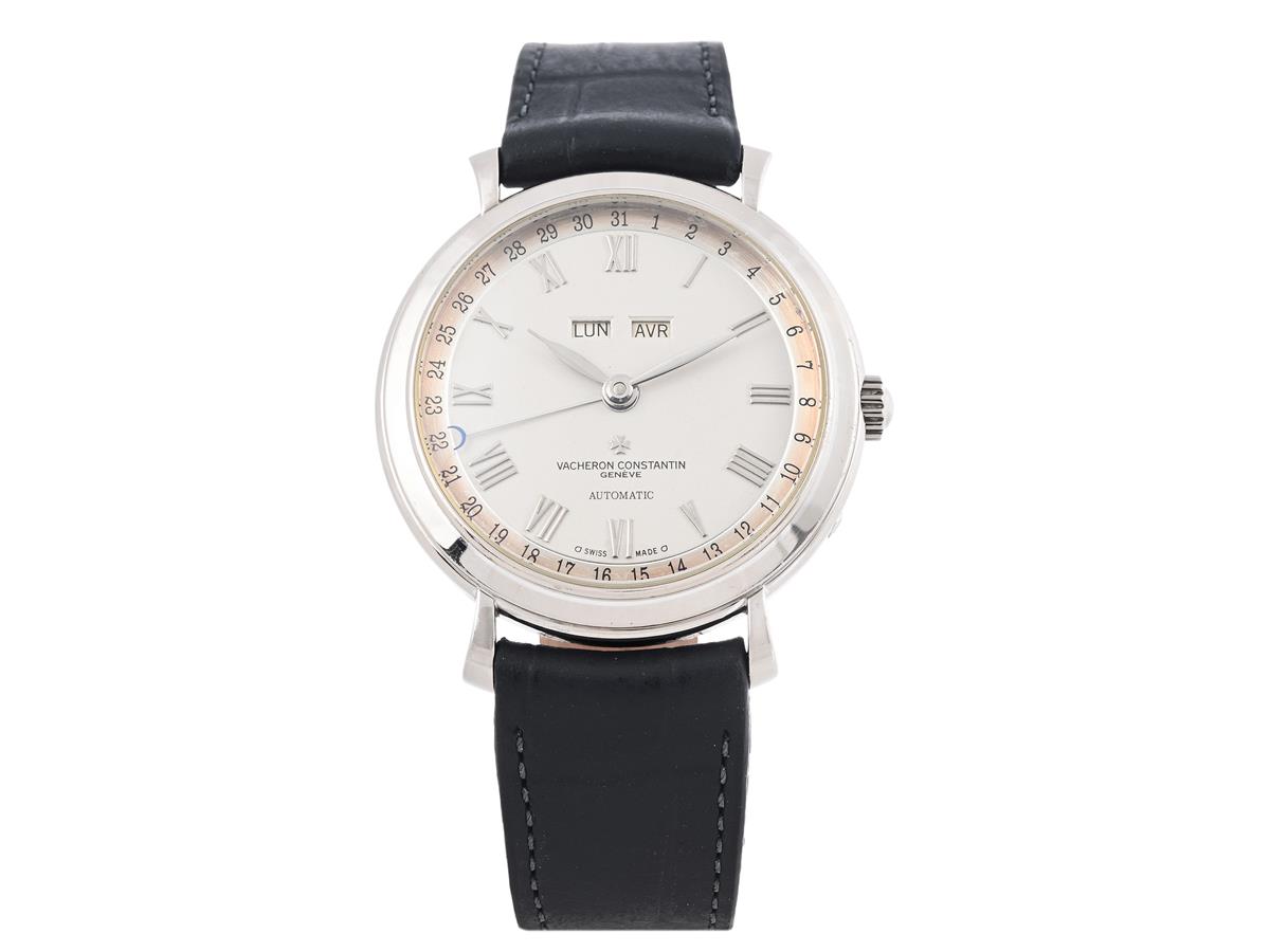 VACHERON & CONSTANTIN, Triple Calendar, Cal 1126, Serie nr. 797410, Ref nr. 47051/000G/8749, Boett nr. 707450, herrur, 36 mm, 18K vitguld, automatisk, safirglas, dag, datum, månad, läderband, originalspänne i 18K vitguld, cert (ej komplett), ca december 2003, etui, ytterkartong.