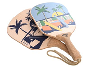 HERMÈS, STRANDRACKET, Beachwood Apres La Vague, trä, beach motiv, grön, blå, gul, orange, 2 st racket, 22,5x40 cm. Good Condition.