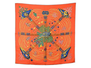 HERMÈS, SCARF, Chemins de Corail, Annie Faivre, 100% siden, 90x90 cm, multifärgad, orange, blå, grön, gul, originalask. Excellent Condition.