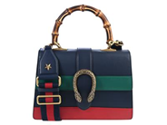 GUCCI, VÄSKA, Medium Leather Bamboo Dionysus Web Satchel, blått, rött, grönt skinn, Bambu handtag, guldfärgade beslag, 26,5x18x10 cm, cert, avtagbar axelrem i tyg, repa. Good Condition.