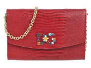 DOLCE & GABBANA, VÄSKA, Chain Bag, rött präglat läder, färgade kristaller, emaljblomma, Logo D&G, 19,5x14x3 cm, cert, dustbag, originalkartong. Excellent Condition.
