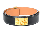 BÄLTE, HERMÈS, Vintage Collier de Chien Belt, svart läder, guldfärgade beslag, stl 80, bredd 3,5 cm, dustbag. på auktion i Stockholm, Stockholms län hos Kaplans Auktioner