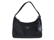PRADA, VÄSKA, Satin Mini-Bag With Crystals, svart satin, svarta syntetiska kristaller, 22x17x6 cm, dustbag, originalkartong. Very Good Condition.