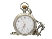 OMEGA, fickur, 58 mm, Boett nr. 4664150, vitmetall, ankargång, skadad urtavla, ca 1910, fickurskedja i metall. på auktion i Stockholm, Stockholms län hos Kaplans Auktioner