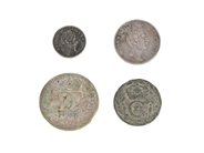 4 MYNT, silver, 1 Öre 1697 ca 1?, 5 Öre 1704 ca 1?/1, 1/16 Rd 1848 ca 1/1+, 10 Öre 1858 ca 1/1+, vikt 7,2 g. på auktion i Stockholm, Stockholms län hos Kaplans Auktioner