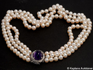 Smycken, PÄRLCOLLIER, 3-radigt med extrasträng  16 cm, i auktion: Klassiska – Lördag 27 maj 2006
