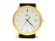 Pantvaror, Herrur, Omega 18K datum quartz graverad med läderarmband, i auktion: Pant – Tisdag 22 november 2011